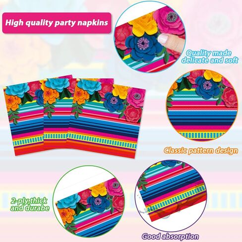 200pcs Mexican Fiesta Plates Napkins Mexican Floral Paper Tableware Set Serape Stripes Cake Disposable Dinnerware Pinata Mexico Taco Party Decoration for Baby Shower Birthday Decor Supplies Serves 50 in Kuwait