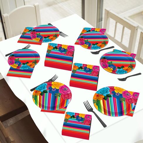 200pcs Mexican Fiesta Plates Napkins Mexican Floral Paper Tableware Set Serape Stripes Cake Disposable Dinnerware Pinata Mexico Taco Party Decoration for Baby Shower Birthday Decor Supplies Serves 50 in Kuwait