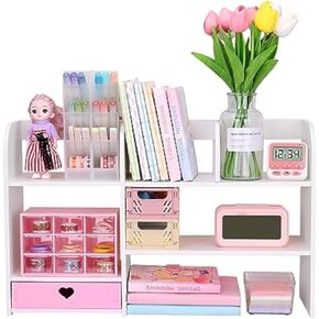 Cute Bookshelves Cute Bookshelf for Desk Kawaii Desk Organizer with Drawer Office Desk Organizers and Accessories Storage Home Decor Display (White)