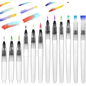 12 PCS Water Brush Pen Set, Refillable Watercolor Pens for Painting, Assorted Tips Water Brushes for Artists Kids Adults, Water Color Pens for Watercolor, Calligraphy