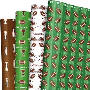 Pineraap 12 Sheets Football Wrapping Paper, Rugby Sports Gift Wrap Paper Bulk Brown Green Art Paper Folded Flat for Birthday Party Christmas DIY Crafts, 19.7 x 27.6 Inch