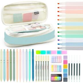47PCS Aesthetic School Supplies with Cute Pencil Case 12 Highlighters 5 Black Ink Gel Pens 6 Mechanical Pencils Set 0.5 & 0.7mm for Nursing College Stationary Set Stuff,Sticky Notes,Erasers,Pink