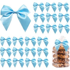 50PCS Light Blue Bows, Small Bows for Crafts Twist Tie Bows with Double-Sided Tape for Treat Bags Wrapping Blue Satin Ribbon Bows for Baby Shower Wedding Decorations(2.7x2.5 Inch)