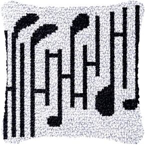 Black and White Music Notation Latch Hook Kits Pillow Crochet Yarn Rug Pre-Printed DIY Cushion Needlework Pillowcase Hook and Latch Kit Christmas Home Sofa Decoration 43x43cm