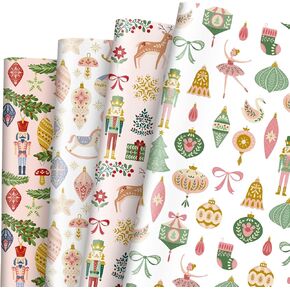 JarThenaAMCS 12 Sheets Christmas Wrapping Paper -Not Roll- Xmas Ball Nutcracker Gift Wrap Paper Folded Flat Pink Green Craft Paper for Home Party Supplies, 19.7 x 27.6 Inch