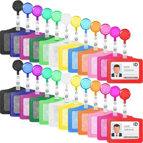 24 Sets Retractable Badge Reels Multicolor Name ID Card Holder PU Leather Business Badge Holder Decorative with Clip for Students, Teachers, Nurses, Doctors(Horizontal)