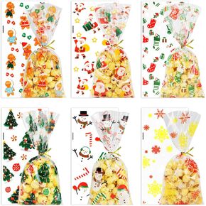 Christmas Cellophane Treat Bags, 150 PCS Christmas Candy Bags, Christmas Treat Bags, 6 Styles Christmas Xmas Goodie Bags Gifts Bags with Twist Ties for Winter Christmas Party Favor Supplies