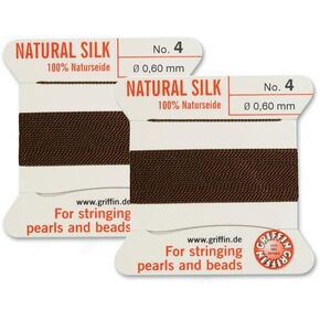 2 Pcs Griffin Natural Silk Beading Cord Thread and Needle Size 4 Brown Color