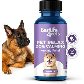 Pet Relax Dog Calming Anxiety Relief, Long-Lasting Dog Relaxants for Stress Relief, Natural Solution for Separation Anxiety, Travel, Thunderstorms, and Fireworks, 400 Odorless, Tasteless Pills