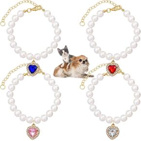 4 PCS Cat Dog Pearl Collar Pearl Necklace Collar Small Heart Shape Rhinestone Pet Necklace Rhinestones Heart Charm Collar Bling Rhinestones Cat Wedding Collar Pearl Cat Necklace for Cats Puppy