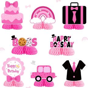 Boss Themed Honeycomb Centerpiece Hot Pink Birthday Party Decorations Happy Boss Day Briefcase Bow Table Centerpiece for Baby Girl Boss 1st 2nd 3rd Birthday Party Decor Supplies
