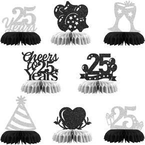 Maicaiffe Cheers to 25 Years Table Honeycomb Centerpieses Decorations - Glitter 8 Pcs 25th Birthday Party Table Toppers Decor - 25th Wedding Anniversary Party Decoration Supplies