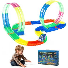 Glow Race Tracks and LED Toy Cars, Glow in The Dark, Magic Bendable Rainbow Race Track Toy Set, Light Up Flexible Car Tracks - Best Birthday Gift for Boys Girls Toddlers 3 4 5 6 7 8 Year Old