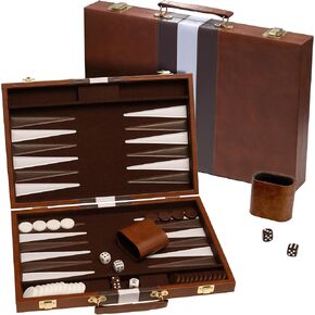 Backgammon Board Game, Deluxe Leather Like Case, Felt Interior, Brown, Classic Backgammon Game, Popular Board Game, Board Games (Large (18"))