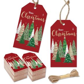 Whaline 100Pcs Merry Christmas Paper Gift Tags Gold Foil Xmas Pine Tree Red Hanging Labels with Hemp Rope for New Year Holiday Name Present DIY Crafts