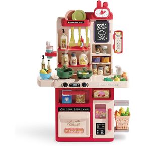 Kids Kitchen Playset Set, 63PCS Pretend Play Kitchen Toys for Toddlers, Cooking Stove with Steam Sound Light, Play Sink with Manual Faucet, Play Food Accessories Gift for Girls Boys, 33’’H