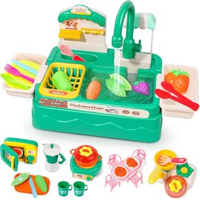 Play Kitchen Sink with Running Water, Toddler Sink Toy with Electric Faucet, Play Dishes for Kids Kitchen, Kids Kitchen Playset, Play Cooking Stove, Cookware Pot and Food for Boys & Girls, Green