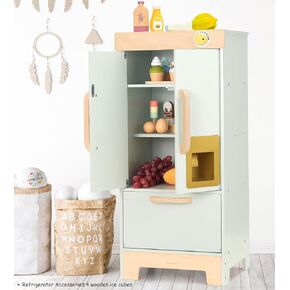 Wooden Play Kitchen Toy Fridge,Pretend Play Fridge with Ice Maker,Kids Refrigerator Freezer Set Kitchen Accessories,Toddler Play Kitchen for Boys & Girls Age 3+