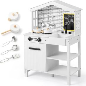 Farmhouse Wooden Play Kitchen,Toddler Kitchen Playset for Kids w/Sounds Chalkboard Stove Storage Cabinet,Play Kitchen Sets for Kids Ages 4-8,Vintage Toy Kitchen 5 Accessories Included