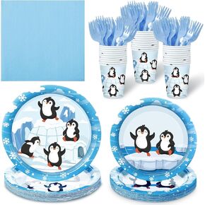 Zubebe 120 Pcs Penguin Birthday Party Disposable Tableware Set Penguin Paper Plates Napkins Winter Penguin Theme Dinnerware Decorations,serve for 24 Guests