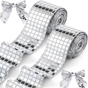 2 Roll 12 Yards Christmas Silver Disco Ribbon 2.5 Inch Silver Glitter Ribbon for Christmas Tree Sequins Sparkle Yarn Wired Ribbon Silver Ribbon for Gift Wrapping DIY Crafts Wreath Party