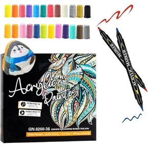 24 Dual Tip Acrylic Paint Pens with Brush Tip and Fine Tip Paint Marker GN6800 Water Based Pastel for Rock Painting, Canvas, Stone, Glass, Watercolor Paintings, Ceramic, Wood, DIY Crafts