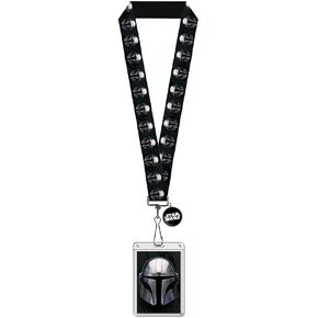 Buckle-Down Star Wars Lanyard, Badge Holder Charm, Star Wars The Mandalorian Helmet Repeat Grays, Elastic