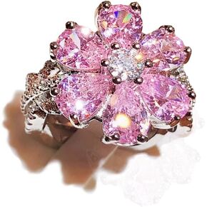 925 Sterling Silver Shiny Full Diamond Ring 18K Gold Cocktail Ring Teardrop Pink Cubic Zirconia Promise Ring CZ Diamond Multi Row Ring Eternity Engagement Wedding Band Ring for Women Z.62 (US Code 10)