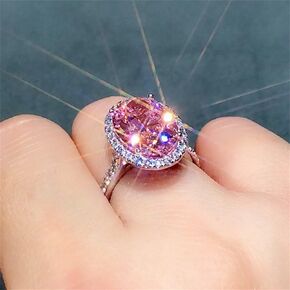 925 Sterling Silver Shiny Full Diamond Ring 18K Gold Cocktail Rings Oval Pink Cubic Zirconia Promise Rings CZ Diamond Multi Row Ring Eternity Engagement Wedding Band Ring for Women Z.60 (US Code 7)