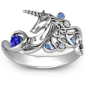AZQ 925 Sterling Silver Fashion Sapphire Ring Unicorn Rings Round Perfect Cut Blue Gem Cubic Zirconia Rings CZ Eternity Engagement Wedding Band Ring for Women TZ.40