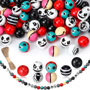 Vicenpal 150 Pieces Wood Beads for Crafts Wooden Beads for Jewelry Making Round Colored Bead for Bracelet Ghost Beads Farmhouse Spacer Beads with Twine for Party Garden DIY Decor