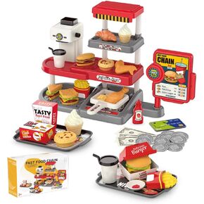 Pretend Play Fast Food Store Toy with Realistic Coffee Machine Card Reader Food Shop Playset with Simulate Hamburger Chips Sandwich etc Play Money Checkout Game for Kids