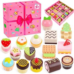 Wooden Cake Toys Tea Set Desserts Sets for Kids, Wooden Pretend Play Toys, Wooden Tea Party Set for Little Girls, Wooden Play Food Set Kitchen Accessories, Baking Gifts for 3 4 5 Years Old Girls Boys