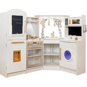 Large Wooden Corner Play Kitchen Sets with Ice Maker,Water Dispenser,Bread Maker,Washing Machine,Electronic Display,Toy Sink with Running Water,Stove with Light&Sounds, Birthday Gift for 3+Boys Girls