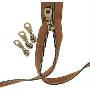 #5 Antique Brass Metallic Nylon Coil Zippers by The Yard Bulk Brown Zipper Tape 10 Yards with 25Pcs Pulls for DIY Sewing Craft Bags YIGUANXIN