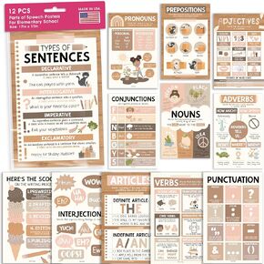 12 Boho Parts Of Speech Posters For Classroom - Parts Of Speech Posters For Elementary, English Classroom Decor, Homeschool Posters, ELA Posters, English Grammar Posters For Classroom, ELA Classroom