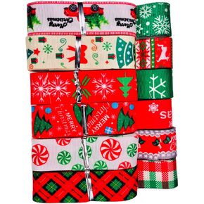 Christmas Ribbon Bundle - 12-Pack Polyester Grosgrain Ribbons, 1 Inch x 1 Yard Each, Merry Christmas Variety Pack, Assorted Festive Prints for Gift Wrapping, Crafting, Decorations