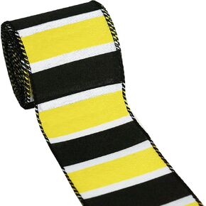 Black, White and Yellow Stripes Wired Ribbon, Bee Wired Ribbon, Spring and Summer Burlap Ribbon for Decorative 2.5"x10yds (Yellow, Black&White)