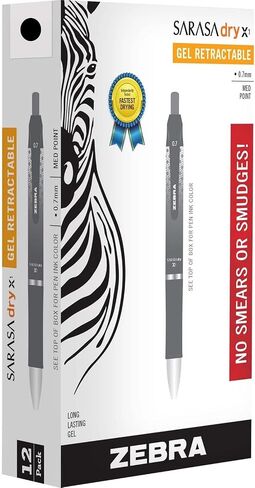 Zebra Pen Sarasa Dry X1 Retractable Gel Pen, Medium Point, 0.7mm, Black Ink, 12-Pack in Saudi Arabia