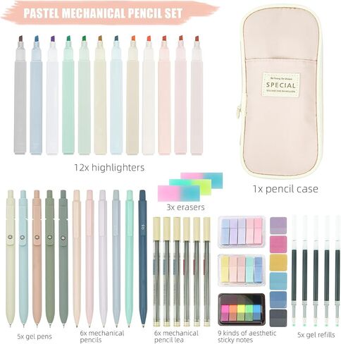 47PCS Aesthetic School Supplies with Cute Pencil Case 12 Highlighters 5 Black Ink Gel Pens 6 Mechanical Pencils Set 0.5 & 0.7mm for Nursing College Stationary Set Stuff,Sticky Notes,Erasers,Pink in Saudi Arabia
