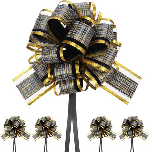10-Pack Large Pull Bow, 6 Inch 15cm Plastic Tree Stripes Gold Edge Ribbon Pull Bows Ribbon Bows for Gift Wrapping/Wedding/Baskets Decorations, Satin Pull Bows [Black Gift Bow] in Saudi Arabia