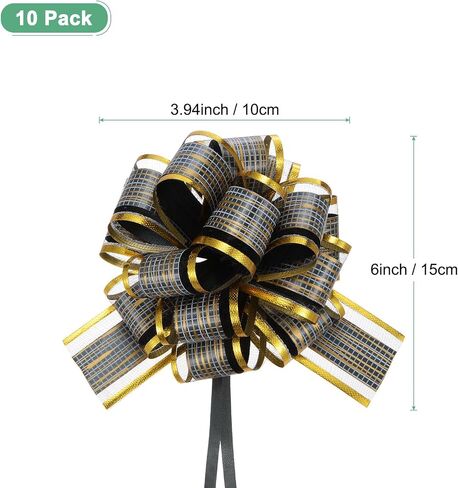 10-Pack Large Pull Bow, 6 Inch 15cm Plastic Tree Stripes Gold Edge Ribbon Pull Bows Ribbon Bows for Gift Wrapping/Wedding/Baskets Decorations, Satin Pull Bows [Black Gift Bow] in Saudi Arabia