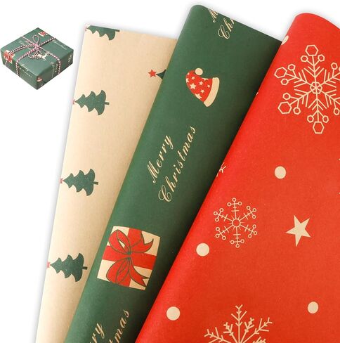 Christmas Wrapping Paper, 12 Sheets Christmas Gift Wrapping Paper Vintage Gift Wrap Christmas Jumbo Gift Packaging Paper with Christmas Tree Snowflake Reindeer on Red Green for Christmas New Year Deco in Kuwait
