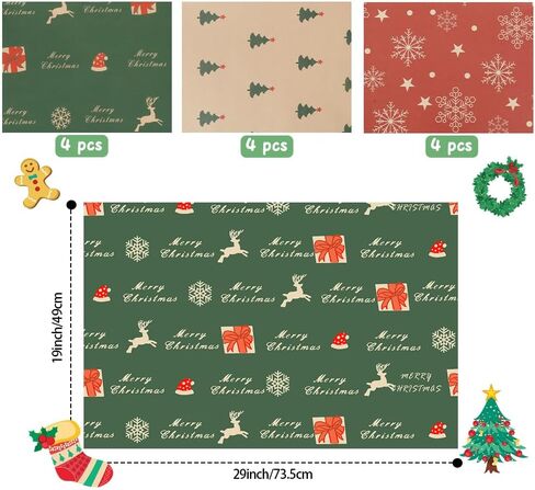 Christmas Wrapping Paper, 12 Sheets Christmas Gift Wrapping Paper Vintage Gift Wrap Christmas Jumbo Gift Packaging Paper with Christmas Tree Snowflake Reindeer on Red Green for Christmas New Year Deco in Kuwait