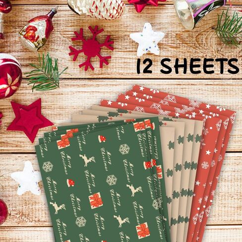 Christmas Wrapping Paper, 12 Sheets Christmas Gift Wrapping Paper Vintage Gift Wrap Christmas Jumbo Gift Packaging Paper with Christmas Tree Snowflake Reindeer on Red Green for Christmas New Year Deco in Kuwait