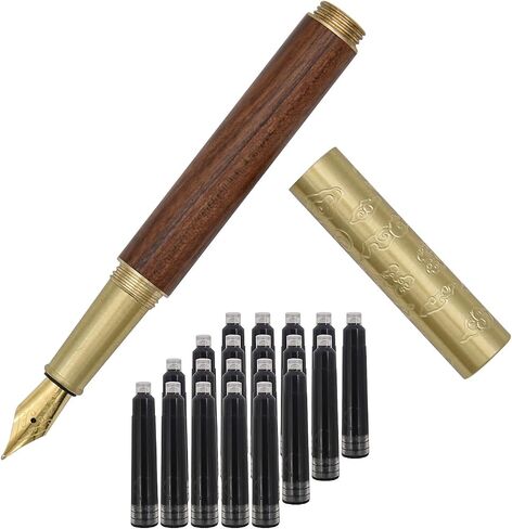 Handcrafted Auspicious Clouds Patterned Brass Wooden Fountain Pen Short Paragraph (101mm) Pocket Mini Travel Pen with 20 Pcs Black Ink Cartridges - Brown Stripes in Saudi Arabia