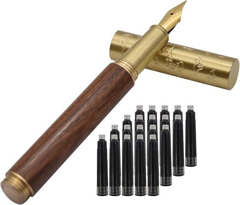Handcrafted Auspicious Clouds Patterned Brass Wooden Fountain Pen Short Paragraph (101mm) Pocket Mini Travel Pen with 20 Pcs Black Ink Cartridges - Brown Stripes in Saudi Arabia