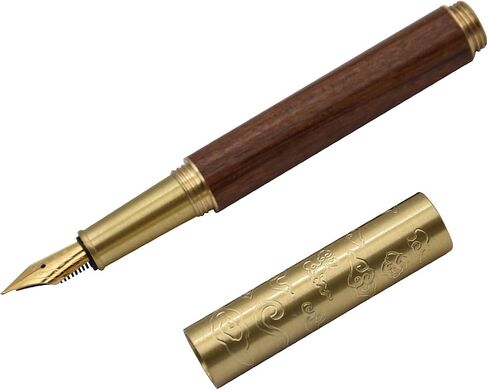 Handcrafted Auspicious Clouds Patterned Brass Wooden Fountain Pen Short Paragraph (101mm) Pocket Mini Travel Pen with 20 Pcs Black Ink Cartridges - Brown Stripes in Saudi Arabia