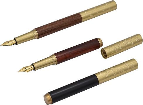 Handcrafted Auspicious Clouds Patterned Brass Wooden Fountain Pen Short Paragraph (101mm) Pocket Mini Travel Pen with 20 Pcs Black Ink Cartridges - Brown Stripes in Saudi Arabia