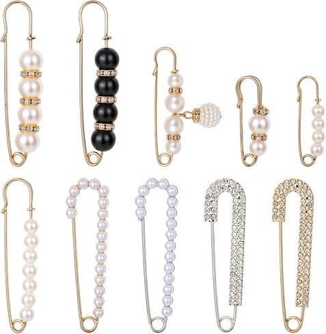 10pcs Decorative Safety Pins Rhinestone Brooch Pin Pearl Brooch Pins Pearl Pins Artificial Pearls Rhinestones Brooch for Women Girls Pants Extender Safety Pins in Saudi Arabia